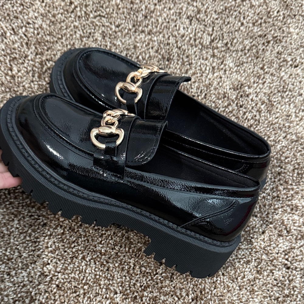 Zara Glossy Black Loafers with Gold Accent